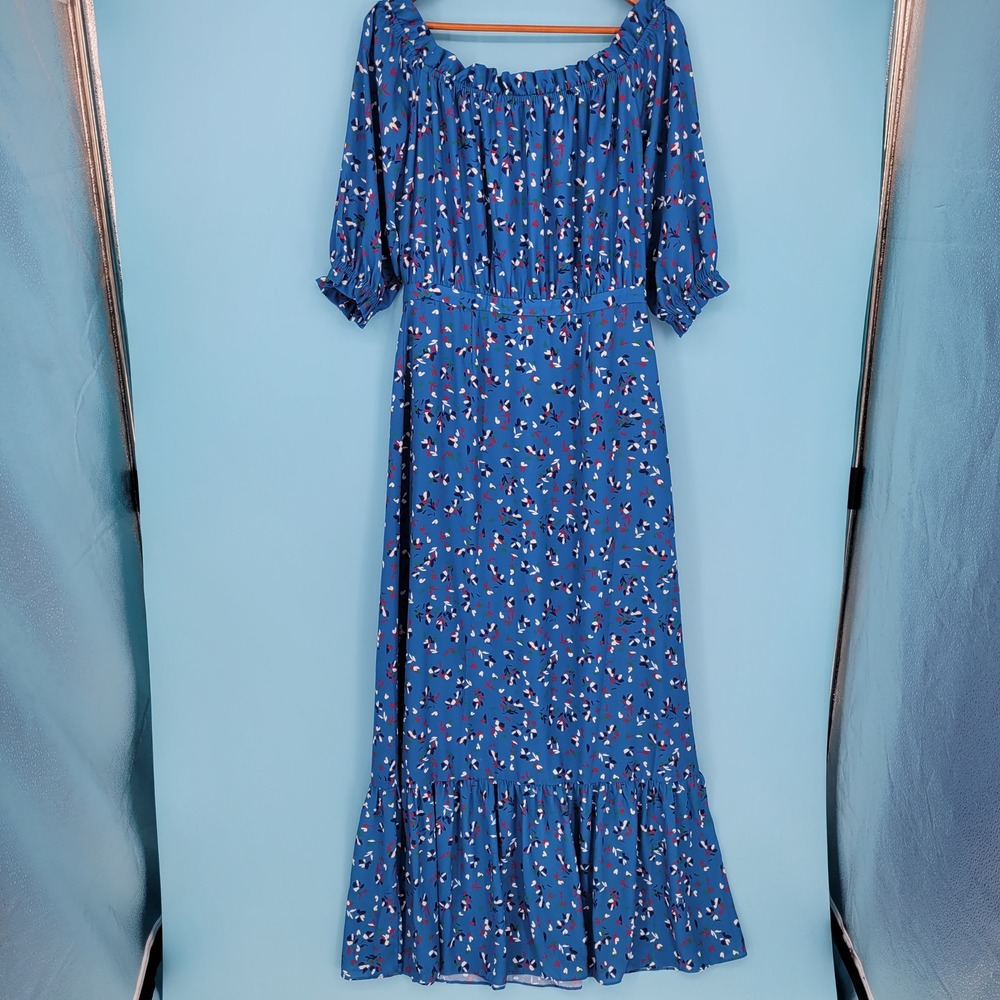 NWT Charles Henry Blue Floral Off The Shoulder Maxi Dress Puff Sleeve Ruffle Lg